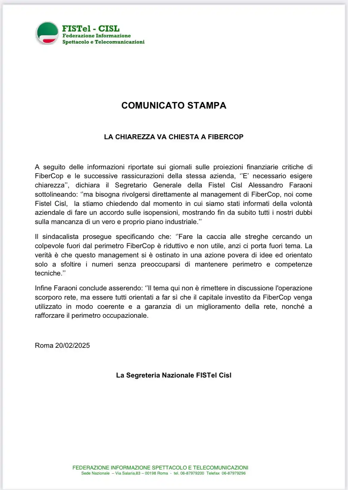 Image from FISTel CISL Nazionale: Comunicato Stampa Dichiarazioni Segretario Generale Alessandro Faraon...
