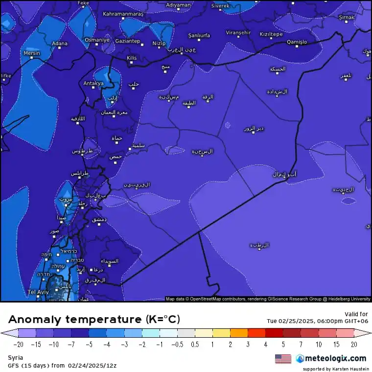 Image from طقس حمص | Homs Weather: تعكس الخريطة المرفقة انحراف درجات الحرارة عن المعدلات الطبيعية مساء ال...