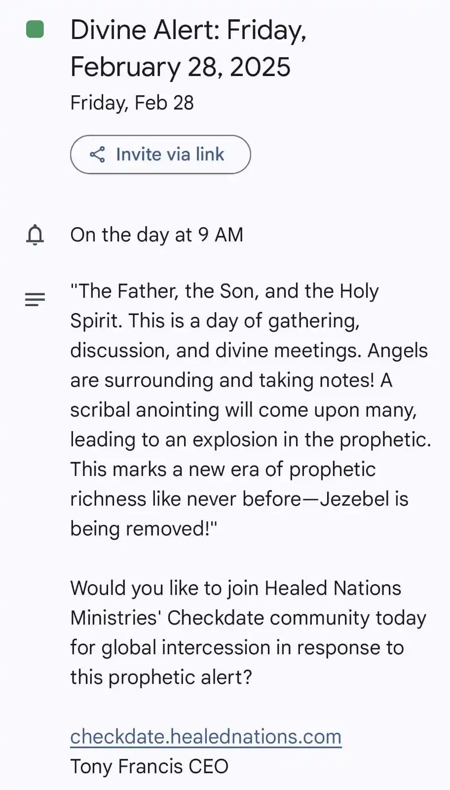 Tony Francis Prophetic Ministries post